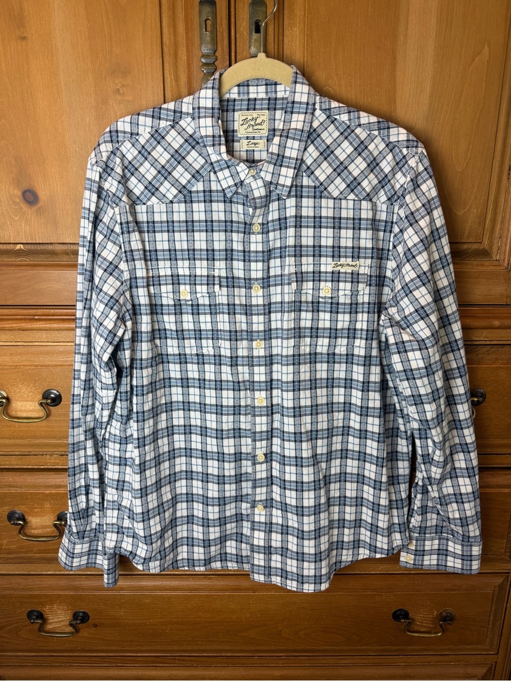 Lucky Brand Western Long Sleeve Blue Plaid Button-Up Shirt